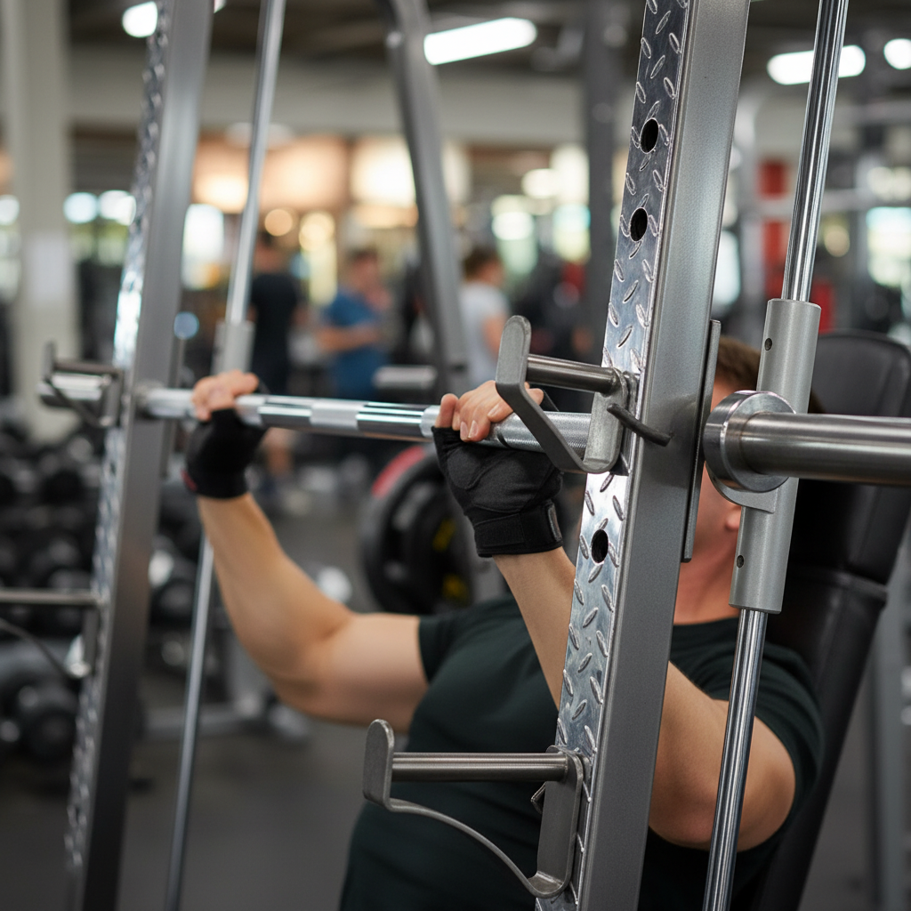 Close-up shoulder press with a smiths machine 