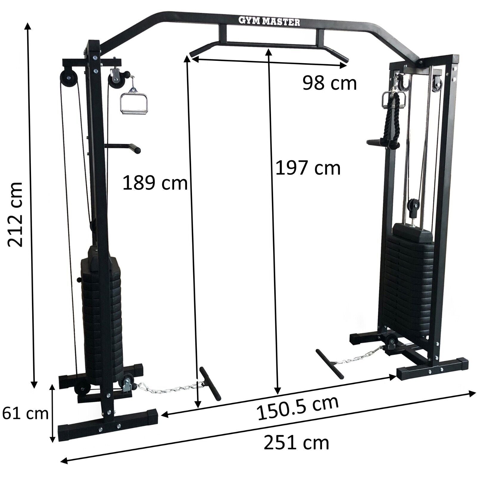 Gym Master exercise equipment with dimensions labeled on a white background