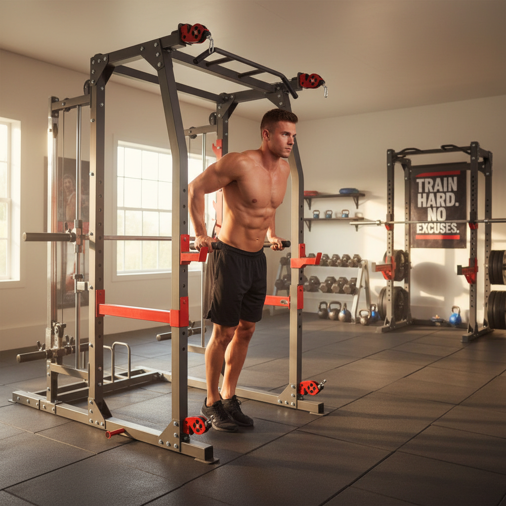 Person performing dips on adjustable dip station of Marcy SM-4903 in garage gym