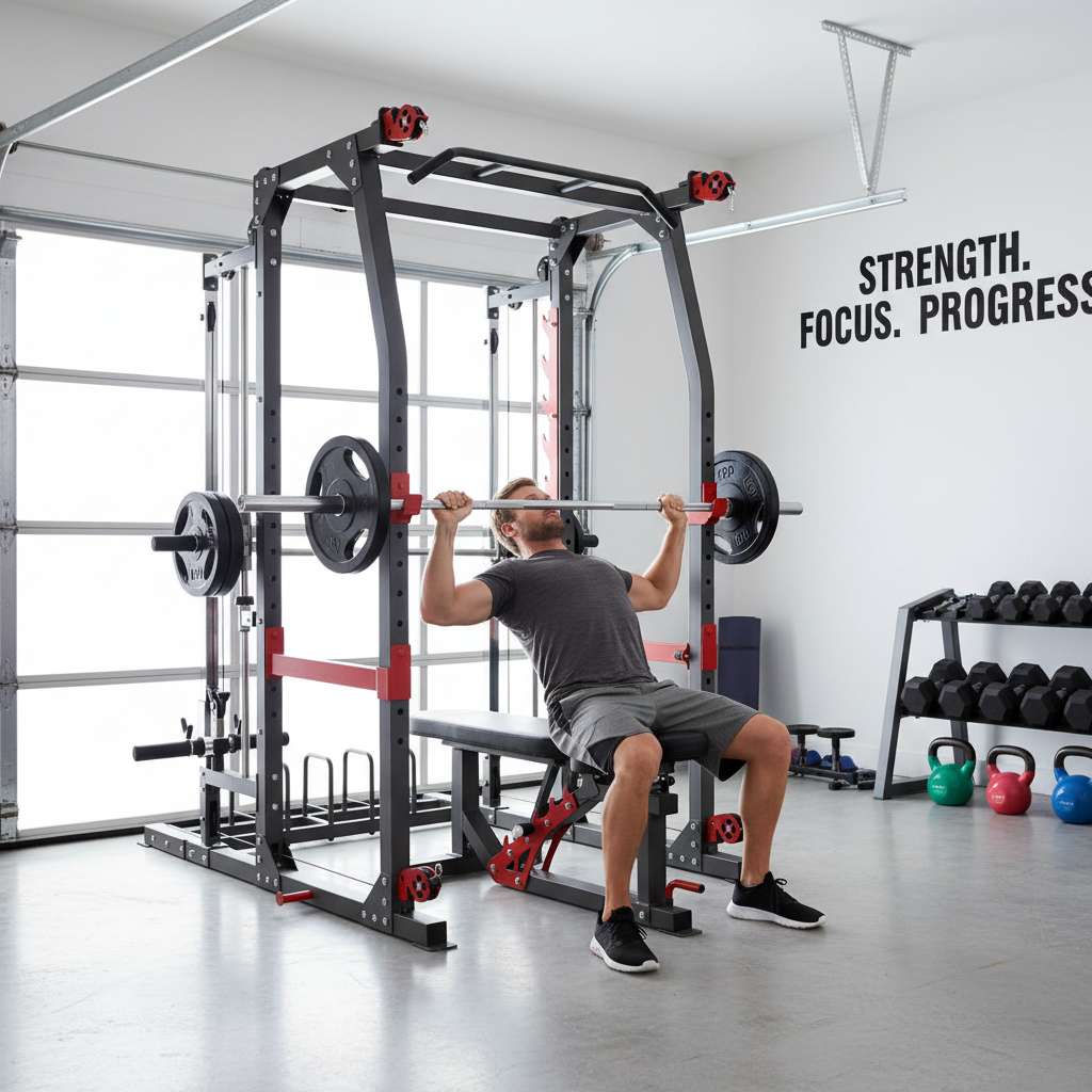 Marcy Pro SM-4903 Smith Machine home gym setup with person performing bench press in modern garage