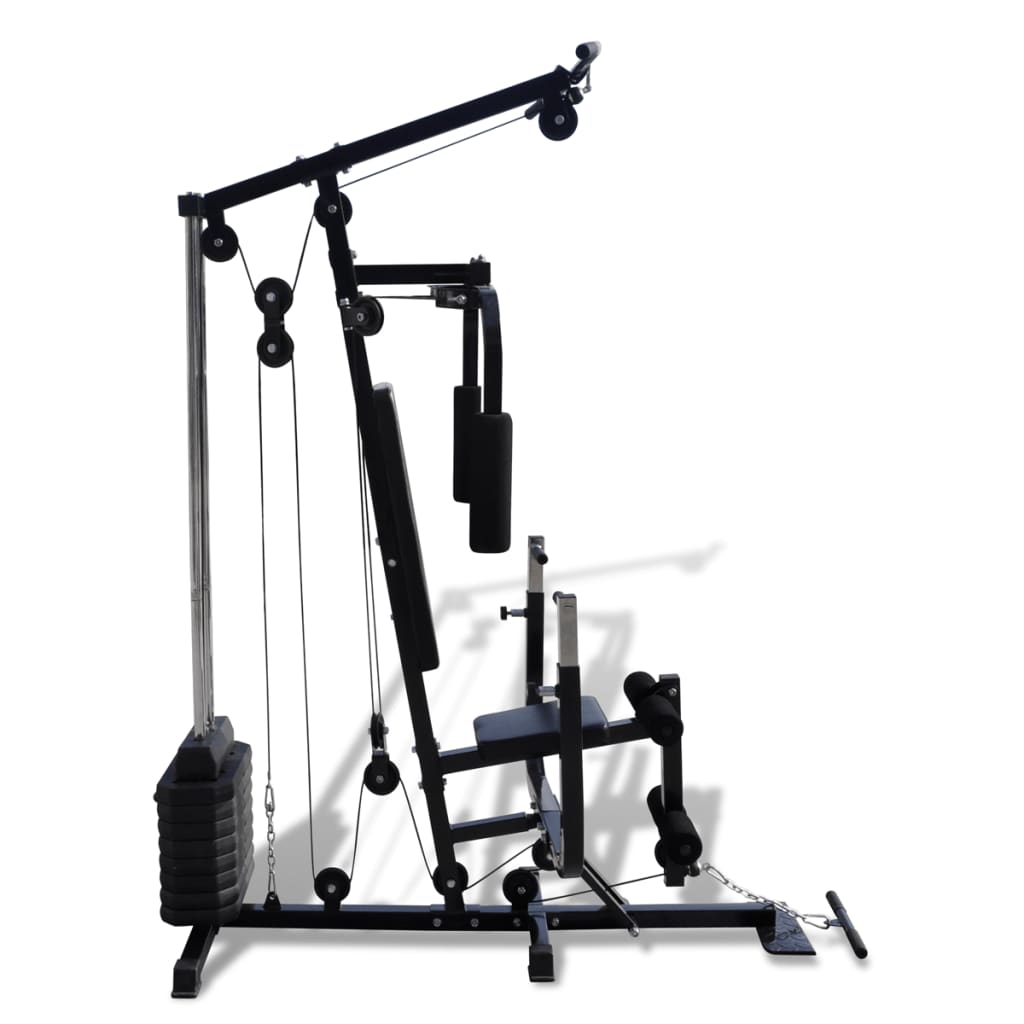 Black cable machine gym equipment on a white background from its side showing its functions 