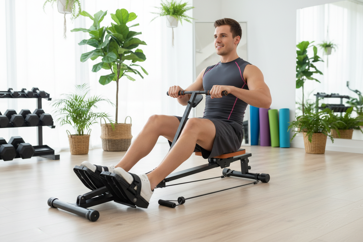 Person rowing machine perfect form full body cardio strength training