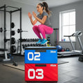 Personal trainer supervising client using red plyometric box for professional fitness training