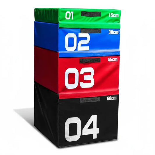 Professional plyometric jump boxes set with 4 numbered foam boxes (15cm-60cm) for gym training