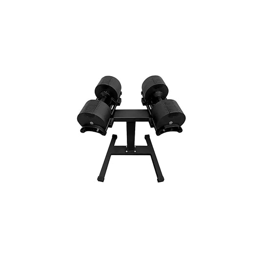 Black metal stand with two Adjustable dumbbell weights on a white background