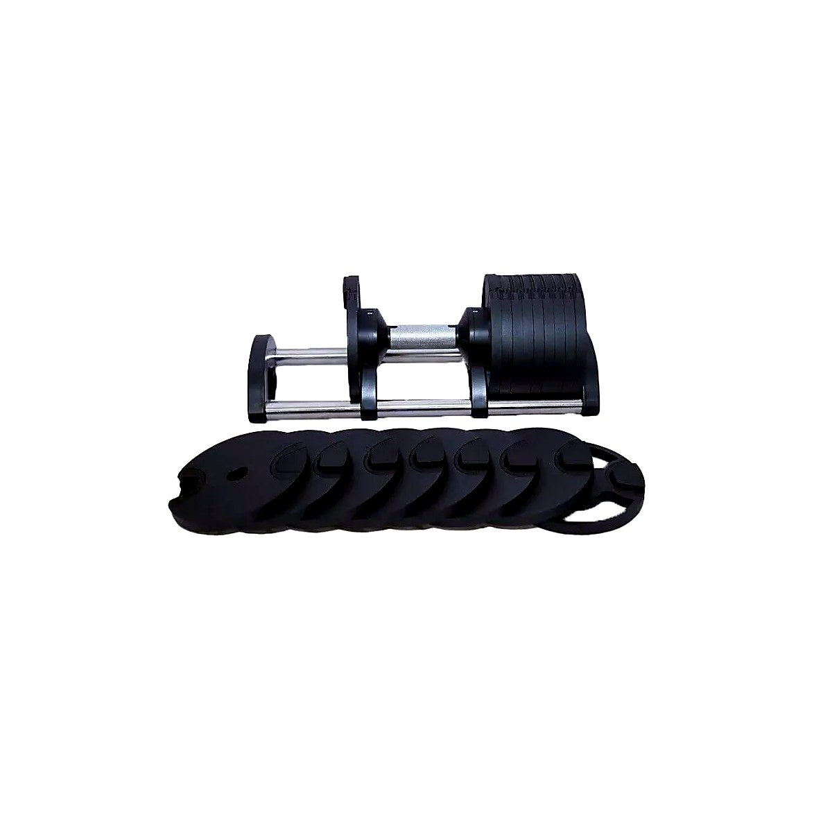 Black dumbbell set with weights on a white background