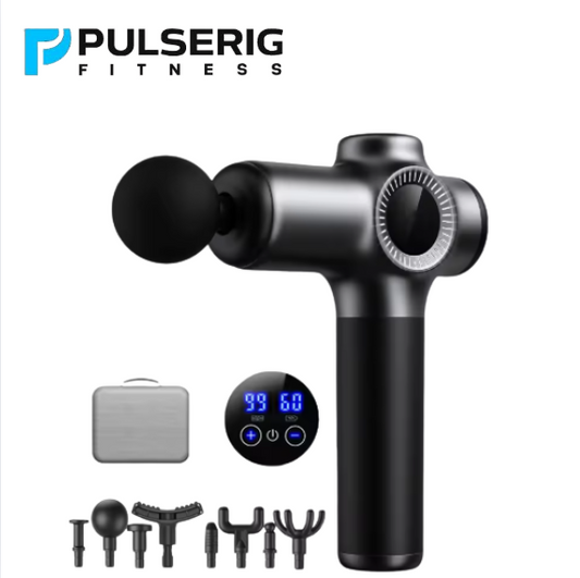 Pulserig 99-speed massage gun with LCD display, carrying case and multiple attachments for deep tissue muscle therapy