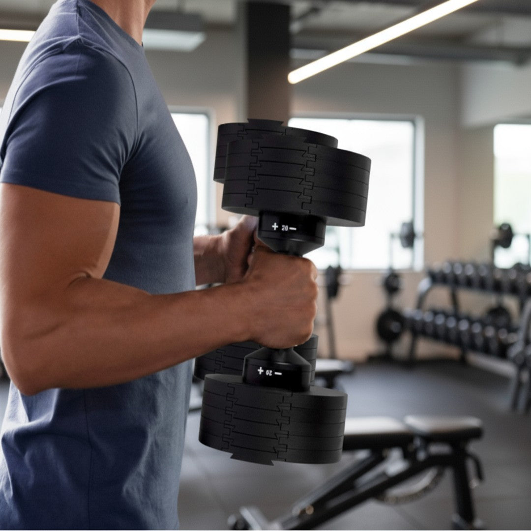 Man training arms with Pulserig adjustable dumbbells