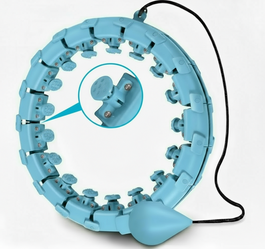 Blue smart fitness hoop with massage nodes and weighted ball attachment.