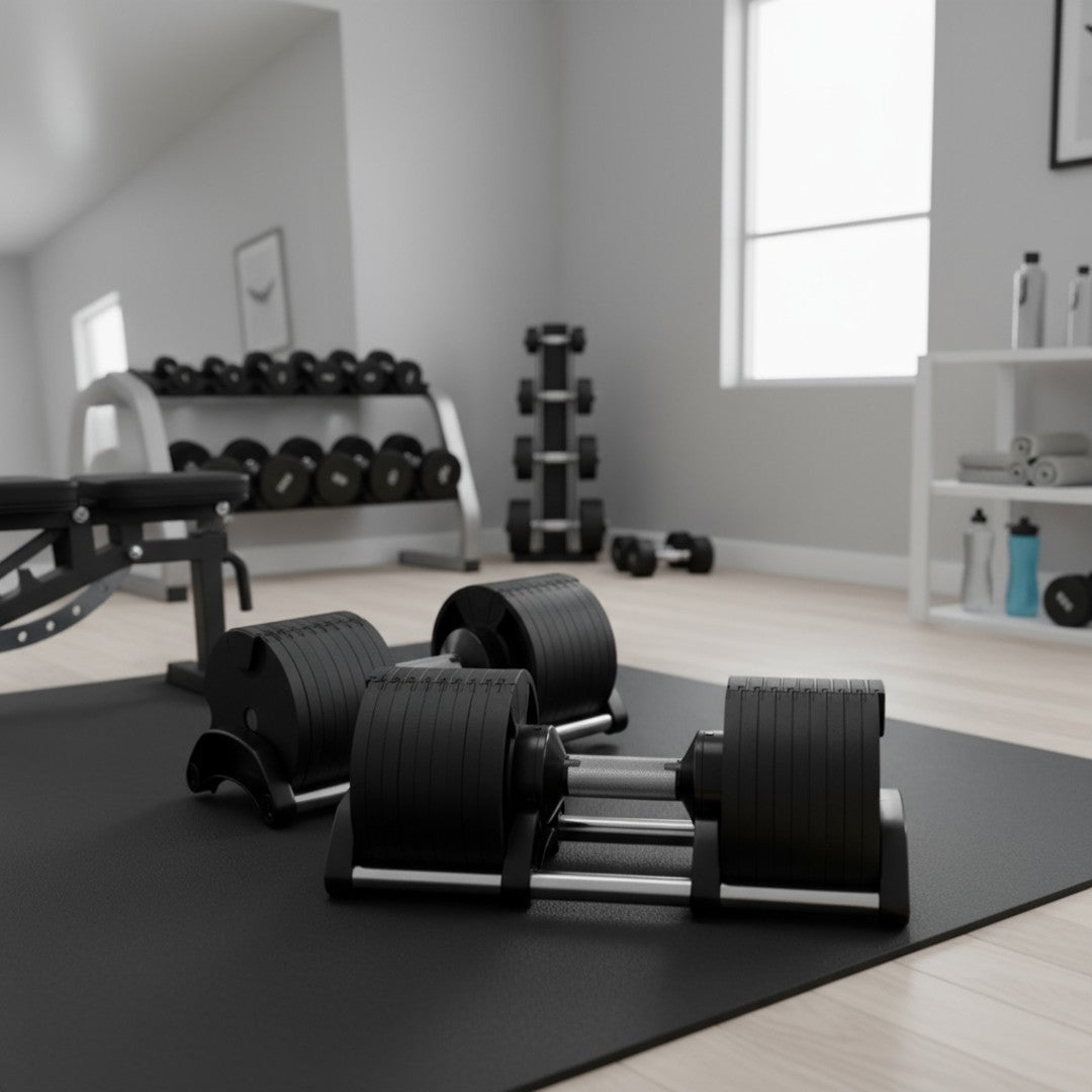 Pulserig adjustable dumbbells on gym floor mat in home gym