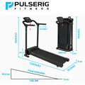 Pulserig folding treadmill with size dimensions and fixed incline diagram