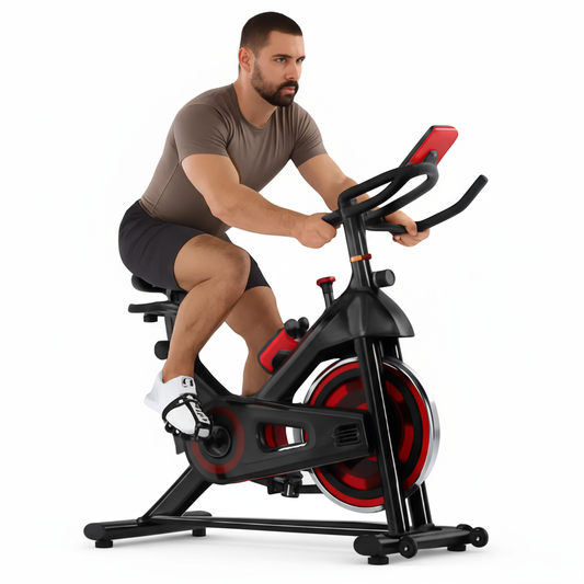 Man training on Pulserig indoor exercise bike for home fitness white background