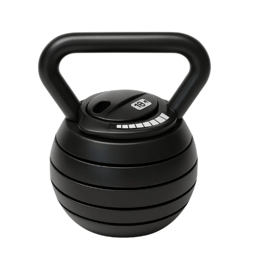 Adjustable kettlebell with removable weight plates showing range