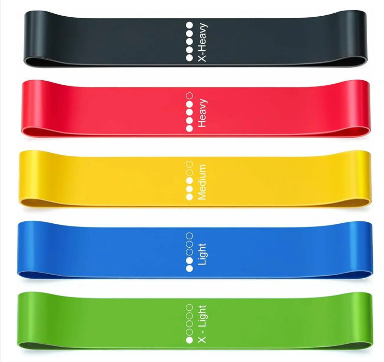Pulserig resistance bands set showing 5 color-coded strength levels from X-Light to X-Heavy.