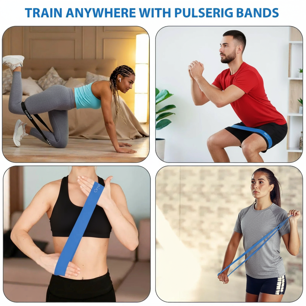 Pulserig resistance bands with men and women performing various home and gym exercises