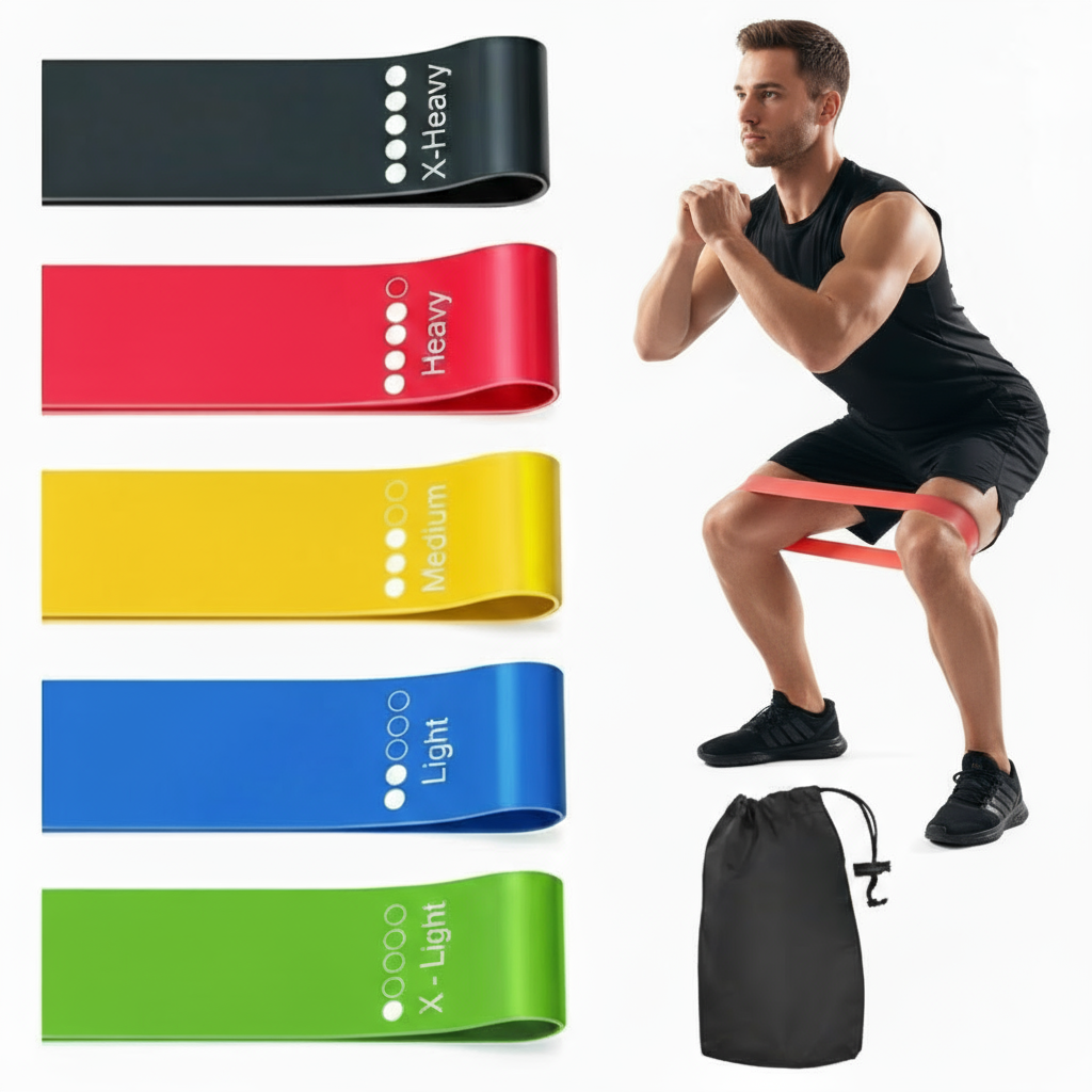 Pulserig Resistance bands in various colours with a person using them for exercise