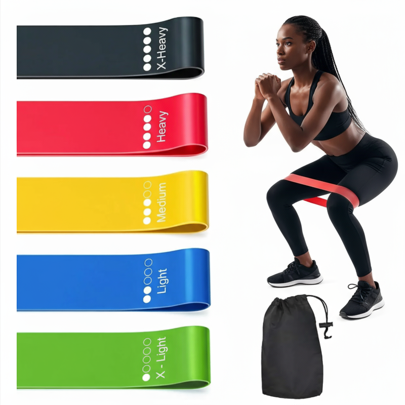 Pulserig resistance bands set with woman demonstrating squat exercise using red band.