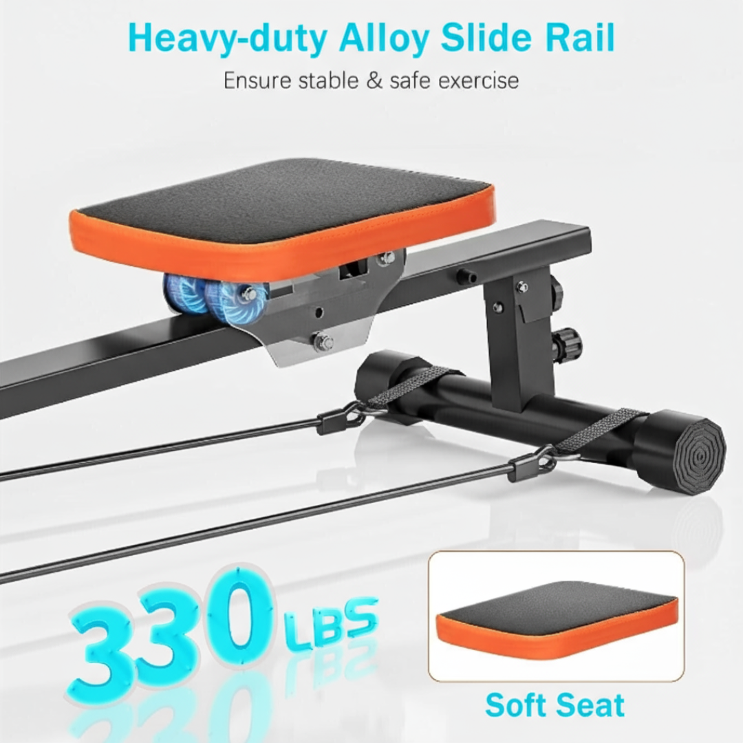 Close-up of Pulserig rowing machine padded seat and alloy rail