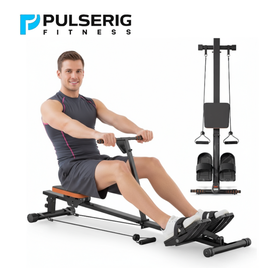 Pulserig 12-level resistance rowing machine on white background man using