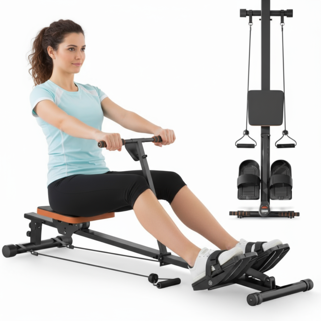 Pulserig 12-level resistance rowing machine on white background woman using.
