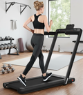 PulseRig 2-in-1 treadmill showing walking pad and full treadmill positions - Versatile home fitness woman using machine