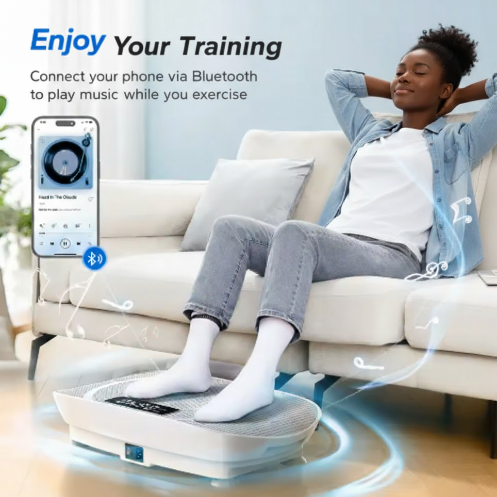 Pulserig vibration plate with Bluetooth speaker used at home