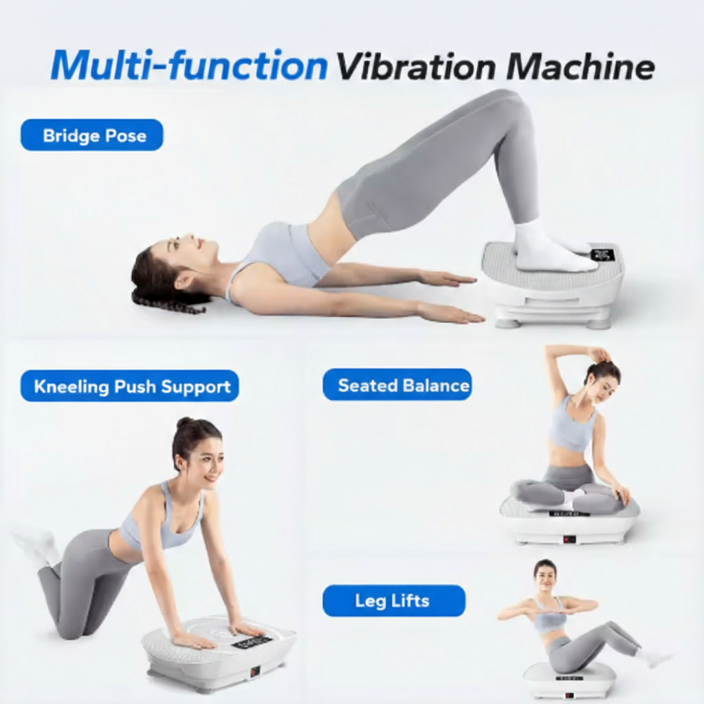 Pulserig vibration plate showing multiple exercise positions at home