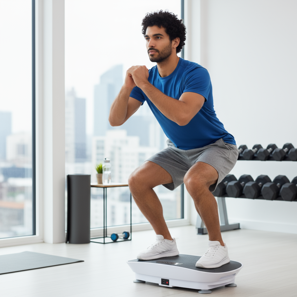 Pulserig vibration plate with man used at home
