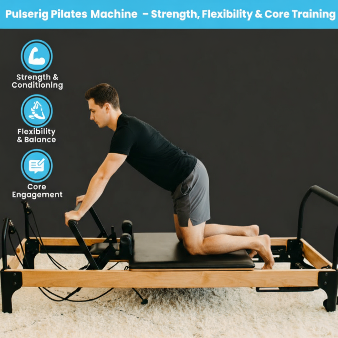 Pulserig Pilates reformer machine with male athlete demonstrating kneeling exercise, icons highlighting strength, flexibility, and core training benefits.