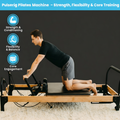 Pulserig Pilates reformer machine with male athlete demonstrating kneeling exercise, icons highlighting strength, flexibility, and core training benefits.
