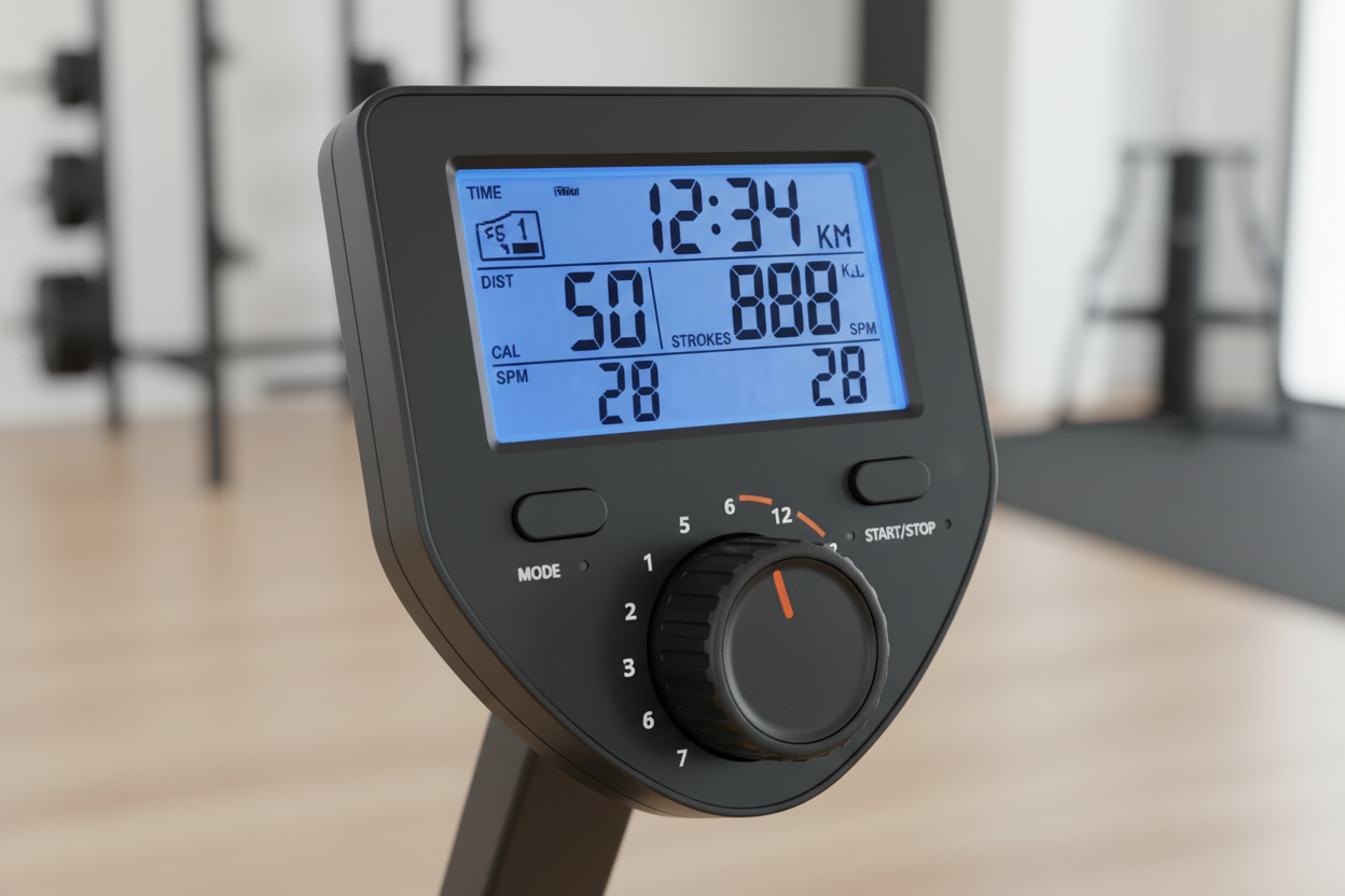 Rowing machine LCD monitor display 12 level magnetic resistance dial closeup