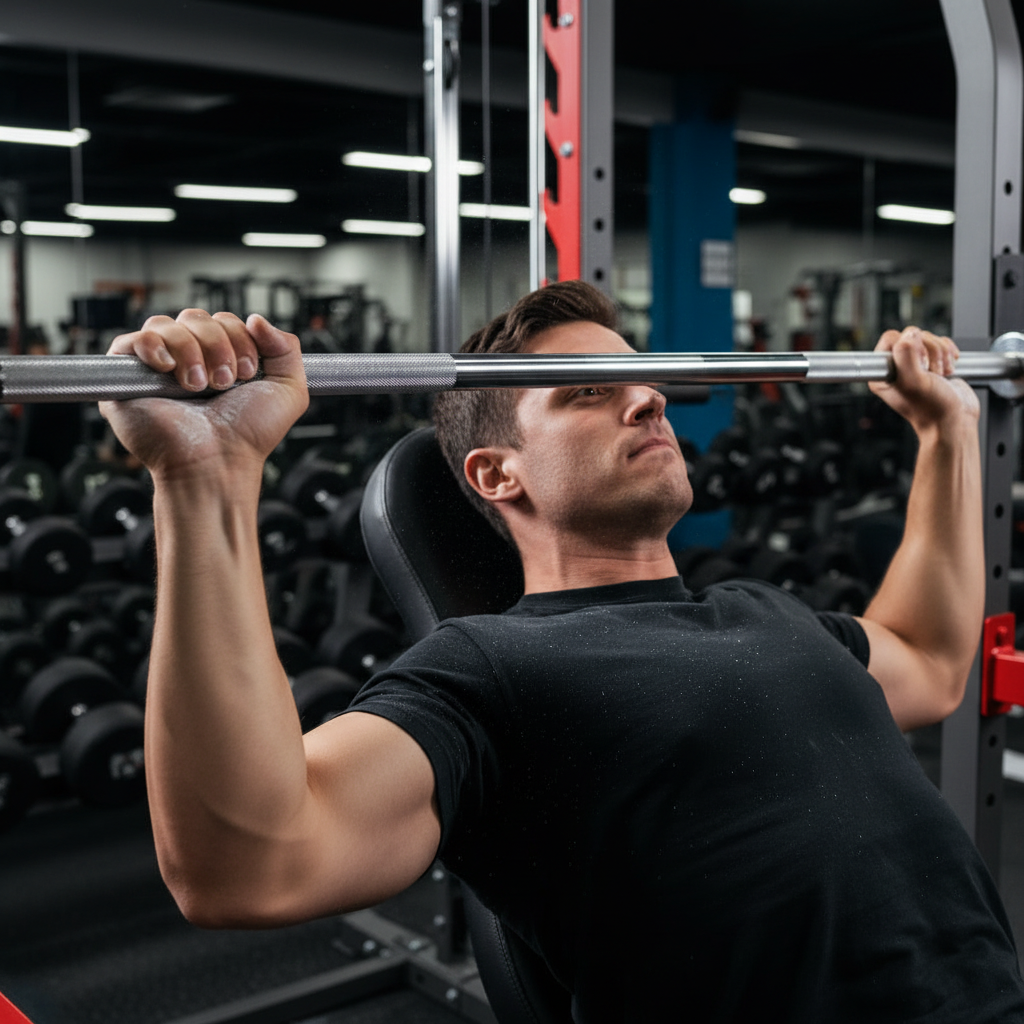 Close-up of knurled Smith bar grip on Marcy Pro SM-4903 preparing for bench press