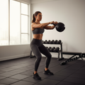 Fit woman doing kettlebell workout with a black adjustable kettlebell in a bright home gym