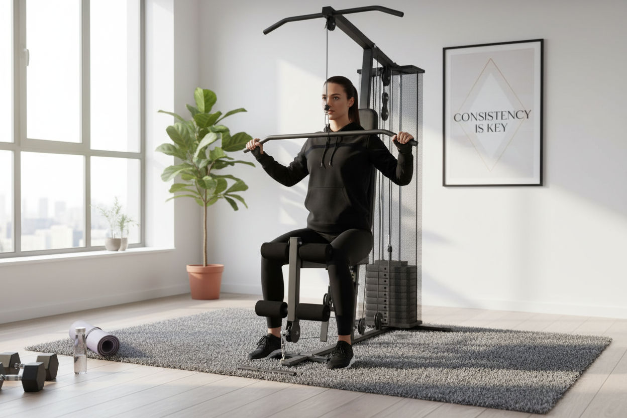 Woman Using Multi-Gym Home Fitness Equipment